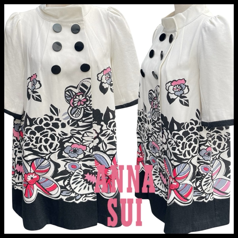 Anna Sui White/Black/Pink Embroidered Floral Short Sleeve Swing Coat (6) - Picture 4 of 16
